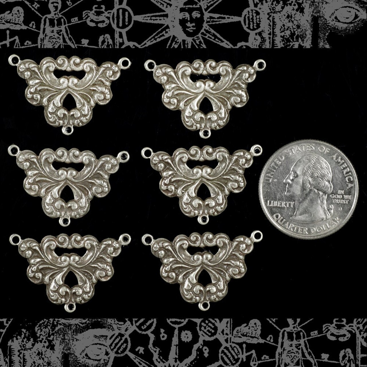 Antiqued Silver Plated Brass Vintage Filigree Three Way Connectors - Set of Six S-3C17